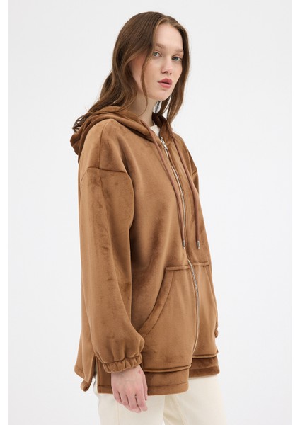 Taba Peluş Fermuarlı Kapüşonlu Kadın Sweatshirt 3057A modelleri