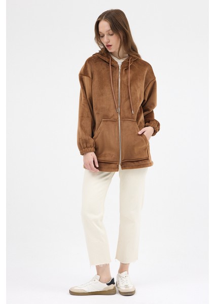 Taba Peluş Fermuarlı Kapüşonlu Kadın Sweatshirt 3057A fırsatları