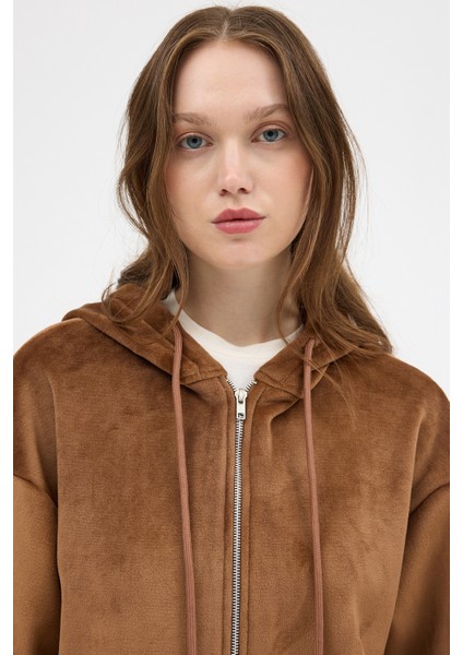 Taba Peluş Fermuarlı Kapüşonlu Kadın Sweatshirt 3057A indirimleri