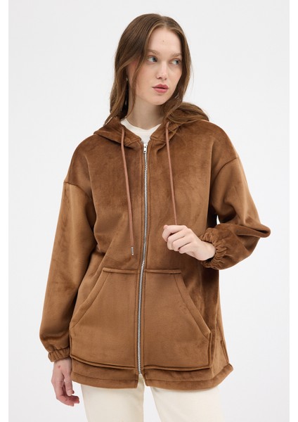 Taba Peluş Fermuarlı Kapüşonlu Kadın Sweatshirt 3057A