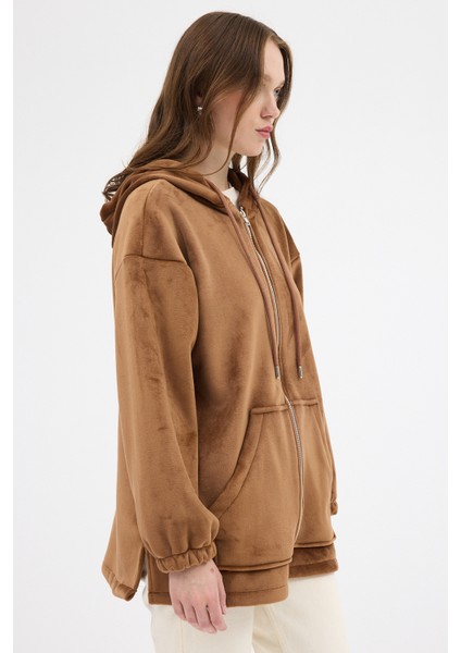Taba Peluş Fermuarlı Kapüşonlu Kadın Sweatshirt 3057A
