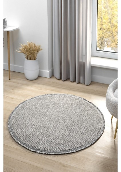 Gri Daire Yuvarlak Saçaklı Modern Dokuma Halı Gri Daire