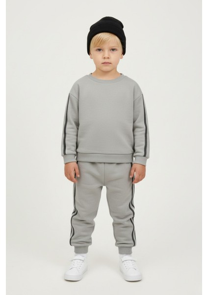 Erkek Çocuk Şeritli 3 Iplik Gri Alt Üst Takım