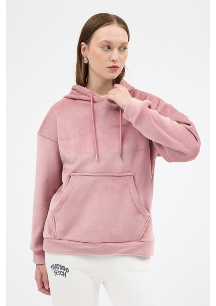 Pembe Kadın Peluş Kanguru Cepli Kapüşonlu Sweatshirt 3061A fiyatları
