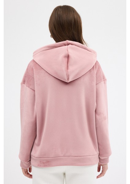 Pembe Kadın Peluş Kanguru Cepli Kapüşonlu Sweatshirt 3061A