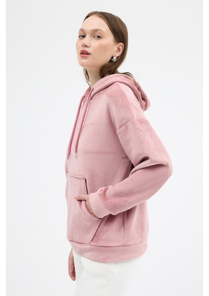 Pembe Kadın Peluş Kanguru Cepli Kapüşonlu Sweatshirt 3061A
