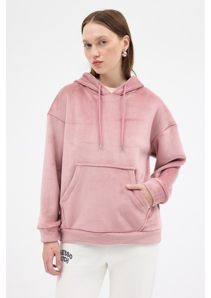 Pembe Kadın Peluş Kanguru Cepli Kapüşonlu Sweatshirt 3061A