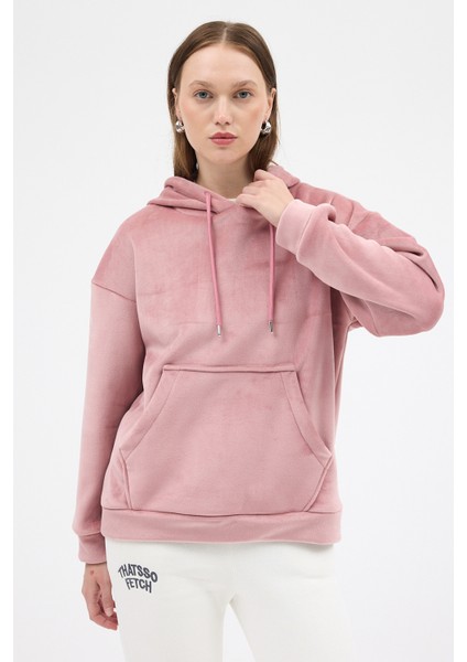Pembe Kadın Peluş Kanguru Cepli Kapüşonlu Sweatshirt 3061A