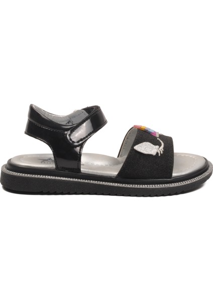 Siyah Simli Cırtlı Kız Çocuk Düz Sandalet