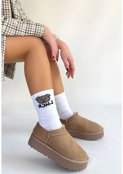 Vizon Süet Kürklü Kadın Düz Bootie