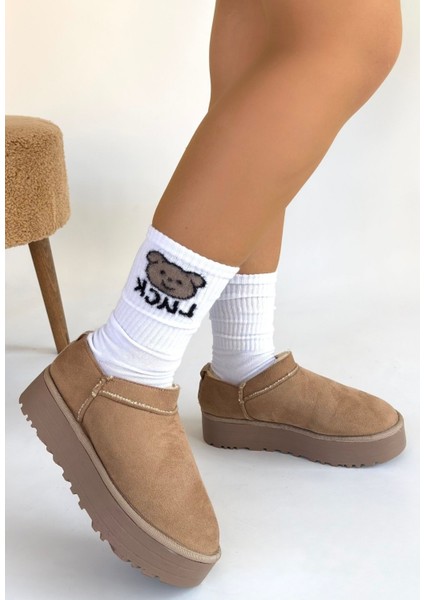 Vizon Süet Kürklü Kadın Düz Bootie modelleri