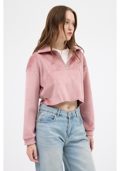 Pembe Kadın Peluş Yarım Fermuarlı Crop Sweatshirt 3056A modelleri