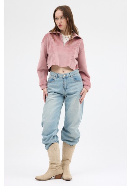 Pembe Kadın Peluş Yarım Fermuarlı Crop Sweatshirt 3056A fırsatları