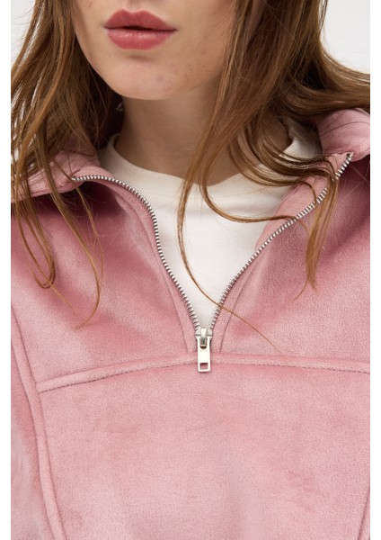 Pembe Kadın Peluş Yarım Fermuarlı Crop Sweatshirt 3056A indirimleri