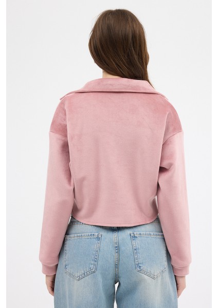 Pembe Kadın Peluş Yarım Fermuarlı Crop Sweatshirt 3056A