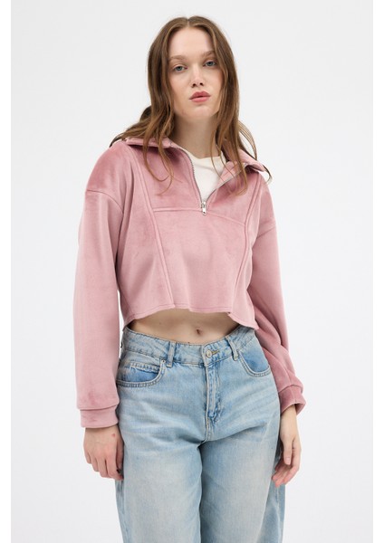 Pembe Kadın Peluş Yarım Fermuarlı Crop Sweatshirt 3056A