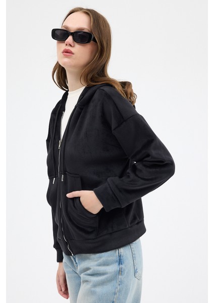 Siyah Kadın Fermuarlı Kapüşonlu Sweatshirt 3059A modelleri