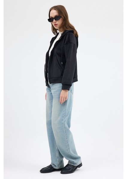 Siyah Kadın Fermuarlı Kapüşonlu Sweatshirt 3059A fırsatları
