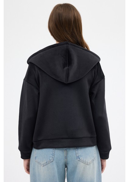 Siyah Kadın Fermuarlı Kapüşonlu Sweatshirt 3059A