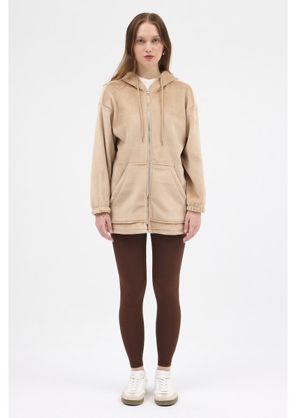 Vizon Peluş Fermuarlı Kapüşonlu Kadın Sweatshirt 3057A fırsatları