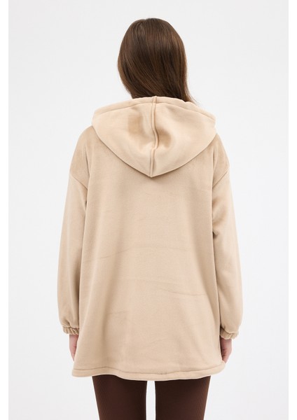 Vizon Peluş Fermuarlı Kapüşonlu Kadın Sweatshirt 3057A