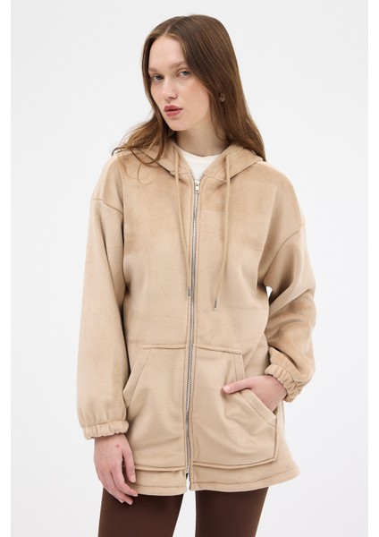 Vizon Peluş Fermuarlı Kapüşonlu Kadın Sweatshirt 3057A