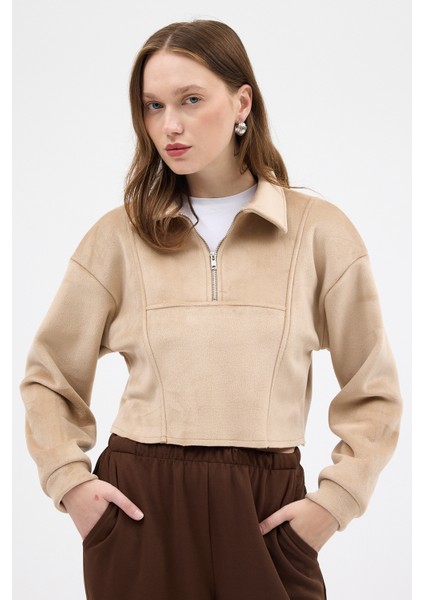 Vizon Kadın Peluş Yarım Fermuarlı Crop Sweatshirt 3056A fiyatları