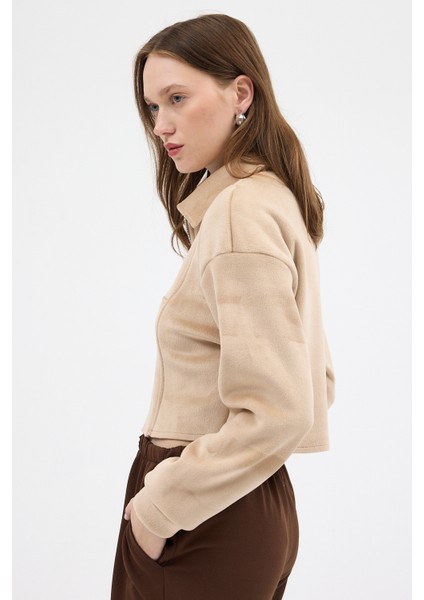 Vizon Kadın Peluş Yarım Fermuarlı Crop Sweatshirt 3056A modelleri