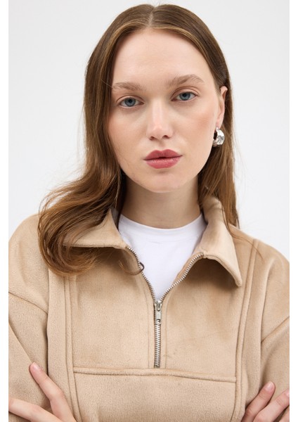 Vizon Kadın Peluş Yarım Fermuarlı Crop Sweatshirt 3056A indirimleri