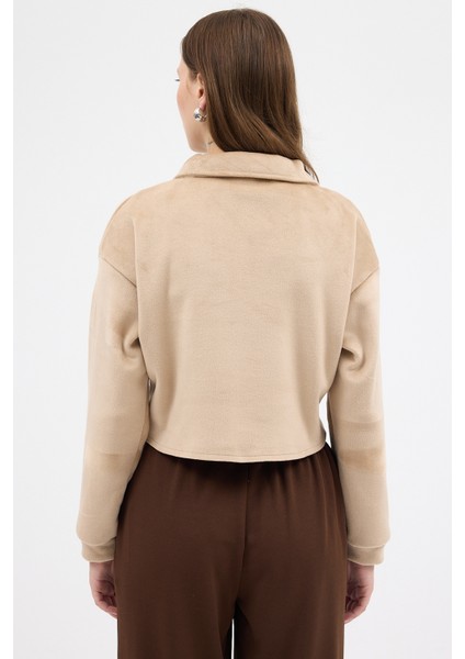 Vizon Kadın Peluş Yarım Fermuarlı Crop Sweatshirt 3056A