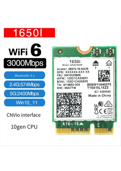1650I AX201NGW Wifi KART+2X8DB Anten 3000MBPS Wifi6 2.4g/5g Cnvıo2 Bluetooth 5.1 WIN10/WIN11 Için Wifi Adaptörü (Yurt Dışından) fiyatları