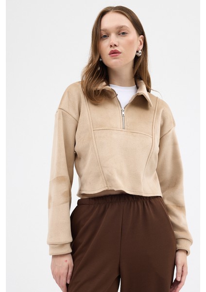 Vizon Kadın Peluş Yarım Fermuarlı Crop Sweatshirt 3056A
