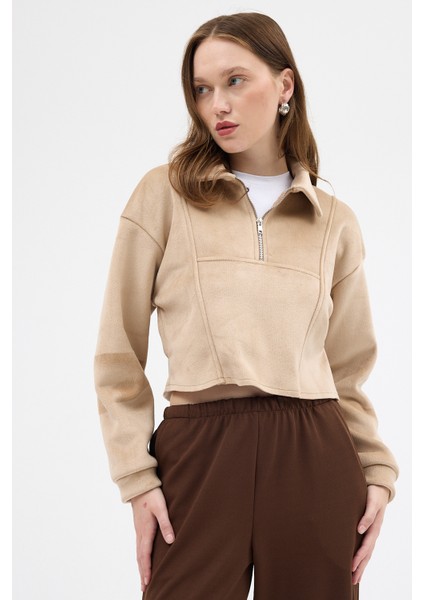 Vizon Kadın Peluş Yarım Fermuarlı Crop Sweatshirt 3056A