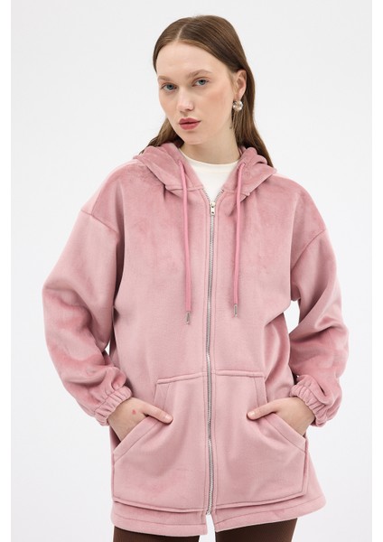 Pembe Peluş Fermuarlı Kapüşonlu Kadın Sweatshirt 3057A fiyatları