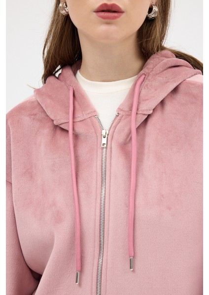 Pembe Peluş Fermuarlı Kapüşonlu Kadın Sweatshirt 3057A indirimleri