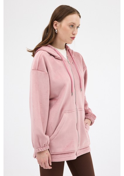 Pembe Peluş Fermuarlı Kapüşonlu Kadın Sweatshirt 3057A