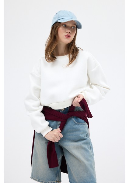 Ekru Kadın Crop Bisiklet Yaka Sweatshirt 9210M fiyatları