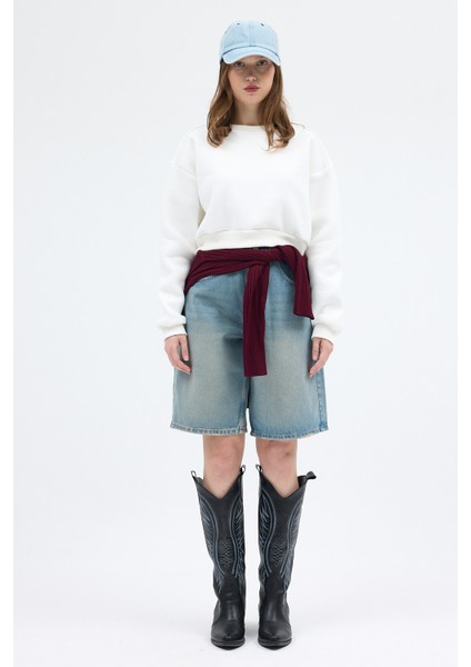 Ekru Kadın Crop Bisiklet Yaka Sweatshirt 9210M fırsatları