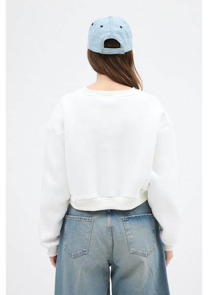 Ekru Kadın Crop Bisiklet Yaka Sweatshirt 9210M