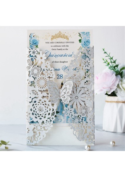 20 Set Kelebek Davetiye Kartları Dantel Düğün Davetiyeleri Zarflarla (Gümüş Glitter) (Yurt Dışından) fırsatları