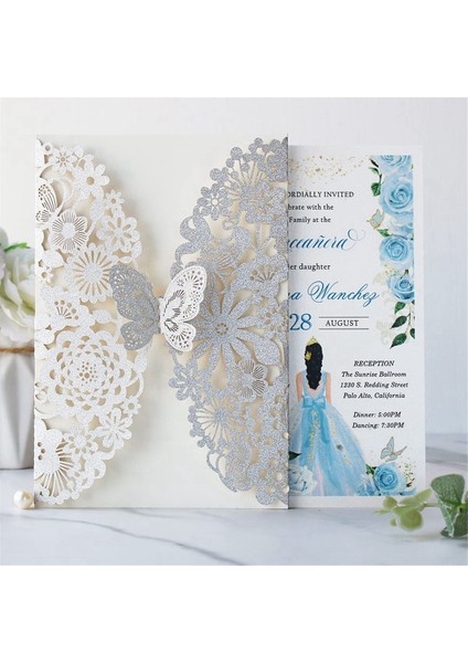 20 Set Kelebek Davetiye Kartları Dantel Düğün Davetiyeleri Zarflarla (Gümüş Glitter) (Yurt Dışından) indirimleri