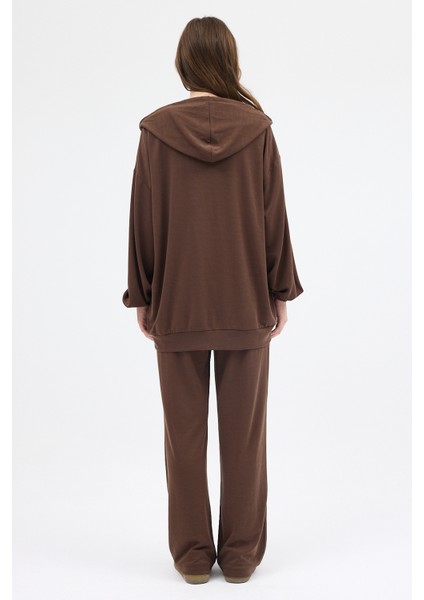 Kahve Cepli Kapüşonlu Tunik Pantolon Takımı 8105A