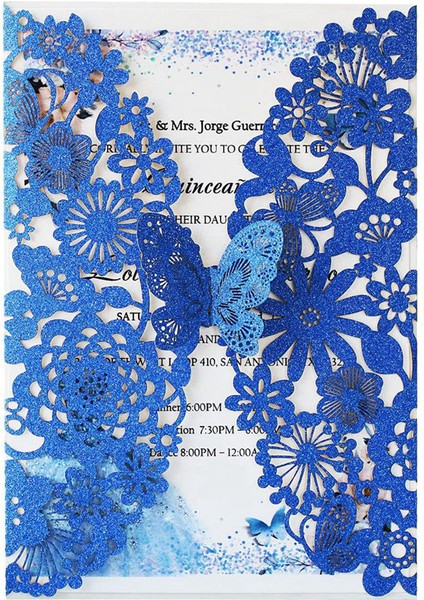 20 Set Kelebek Davet Kartları Dantel Düğün Davetiyeleri Zarflarla (Mavi Glitter) (Yurt Dışından) modelleri