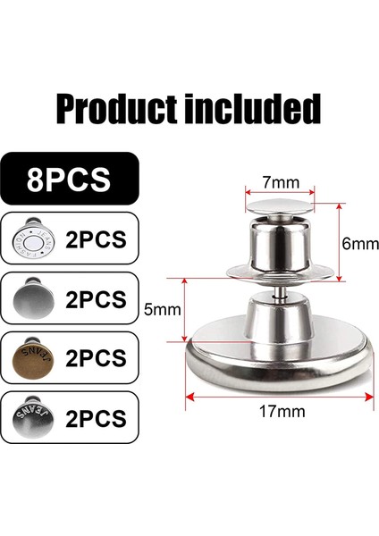 8 Set Düğme Pin Kot Pantolon, Kesintisiz Uyum, Çıkarılabilir Pantolon Düğme Pimleri, Mükemmel Uyum Anında Kot Düğmeleri (Yurt Dışından) modelleri