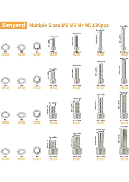 890PCS M3-M6 Vida Çeşitleri, Cıvatalar ve Fındık Kiti, Soket Baş Kapak Vidaları Altıgen Kafa Vidaları Çeşitlilik Seti (Yurt Dışından) fiyatları