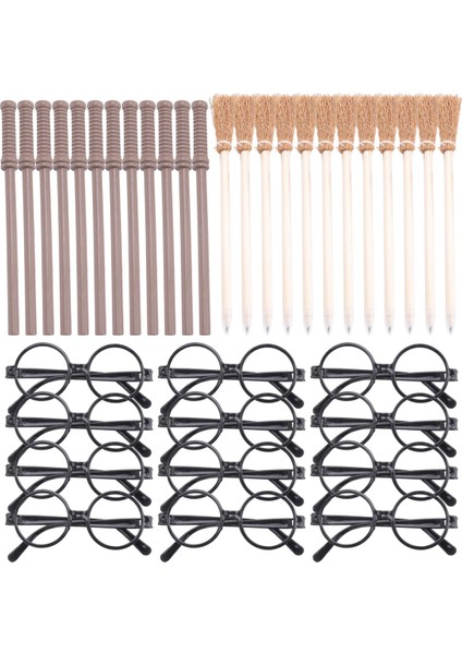 36 Pcs Cadı Süpürge Kalemi ve Yuvarlak Çerçeveli Ask Kalem ve Gözlükler Lens Yok, Sihirbaz Asaları Tema Partisi Malzemeleri (Yurt Dışından)