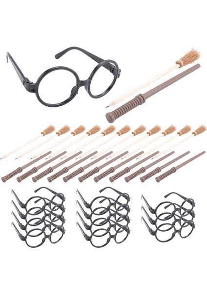 36 Pcs Cadı Süpürge Kalemi ve Yuvarlak Çerçeveli Ask Kalem ve Gözlükler Lens Yok, Sihirbaz Asaları Tema Partisi Malzemeleri (Yurt Dışından) fiyatları