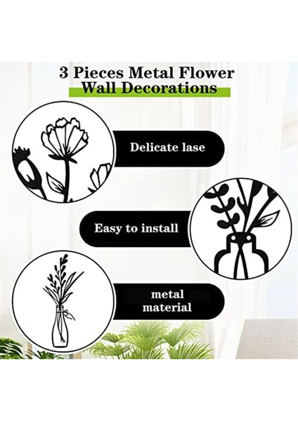 3 Adet Metal Vazo Çiçekler Duvar Sanatları Minimalist Bitki Duvar Dekor, Metal Duvar Sanat Siyah Çiçek Doğal Duvar Dekorları (Yurt Dışından) fiyatları