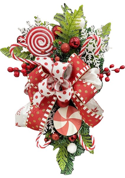 Şeker Yay ve Kırmızı Meyveler ile Noel Gözyaşı Çiçeği, Asılı Noel Gözyaşı Çelenk Yapay Gözyaşı Kapısı (Yurt Dışından)