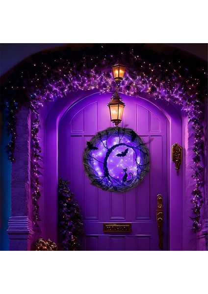 Ön Kapı Için Cadılar Bayramı Çelenkleri, 15.8 Inç, Mor LED Işıkları ile Yarasa ve Kedi Cadılar Bayramı Çelenkini Aydınlattı (Yurt Dışından)